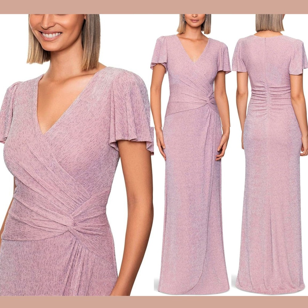 NWT XSCAPE [ 20W PLUS ] ShimmeringFluter Sleeve Knit V-Neck Gown Rose Pink S2065